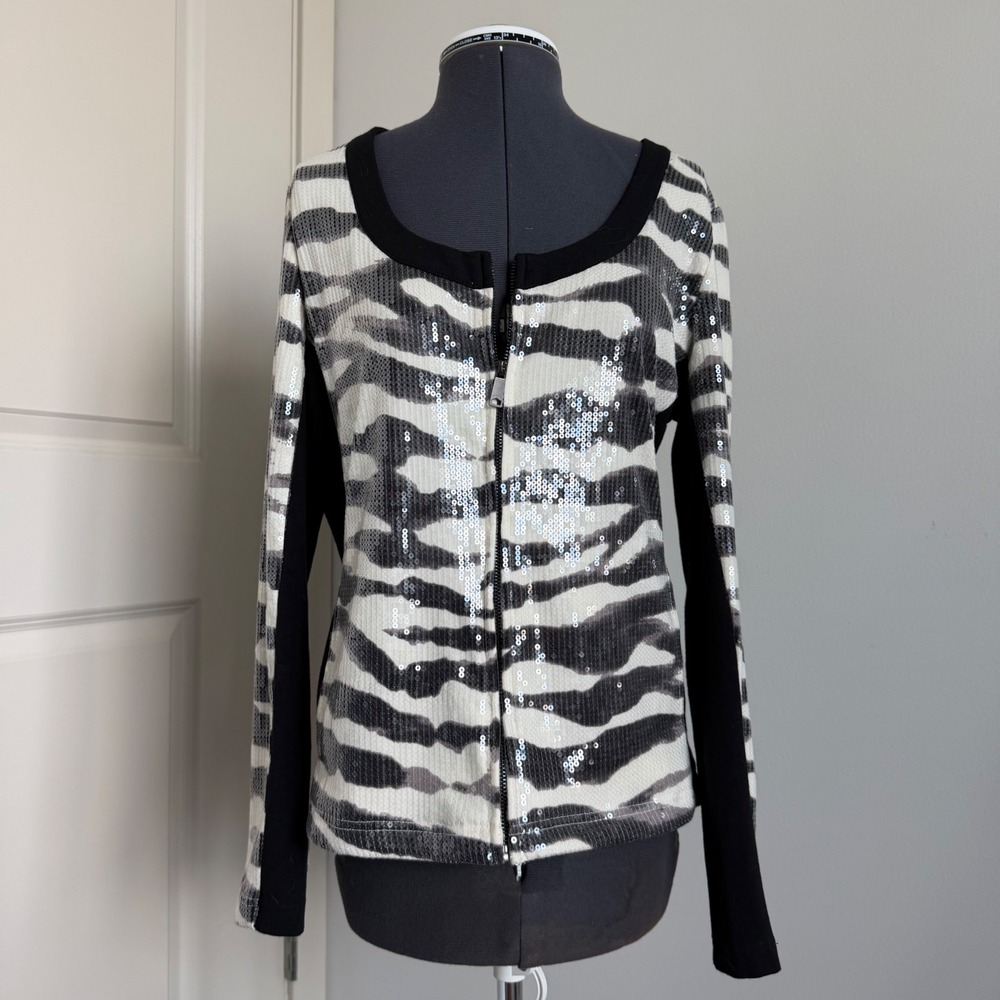 Vintage Y2K Zebra Print Sequin Zip-Front Top Size Medium